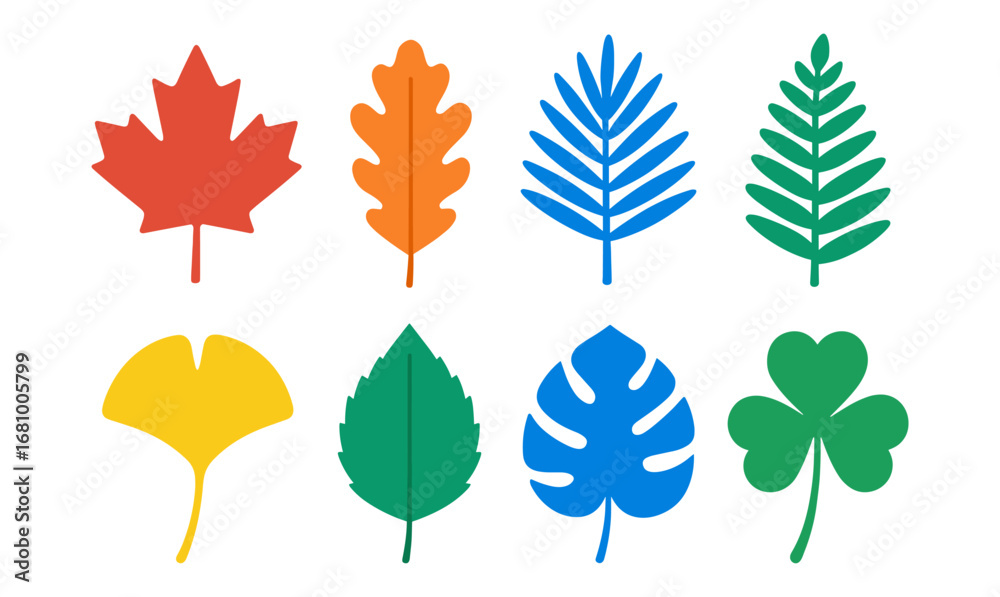 Obraz premium Colorful assorted leaves collection in flat design for nature and botanical themes