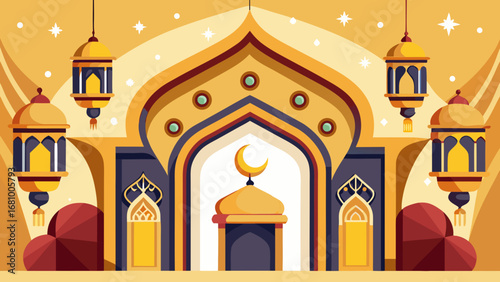 Vector art of ramadan kareem islamic eid mubarak mosque decoration with lantern and moon for celebration, culture, muslim greeting, traditional holiday