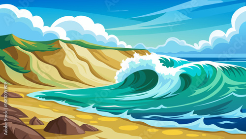 Illustration of a large wave crashing on a sandy beach with cliffs and rocks, under a cloudy sky, perfect for travel and tourism themes