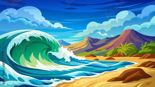 Vector art of a dynamic vector art of a wave curling on a tropical beach, featuring mountains, palm trees, and a bright blue sky with fluffy clouds