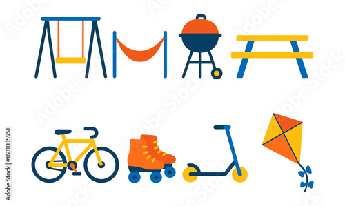 Colorful outdoor activity icons featuring playground equipment and sports gear in a minimalist style