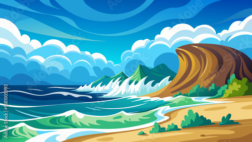 Vector art of a scenic view of a tropical beach with waves crashing on the shore, mountains in the background, and a bright blue sky with fluffy clouds