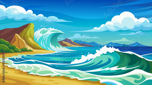 Vector art of scenic tropical beach with crashing waves, rocky cliffs, and distant mountains under a partly cloudy blue sky, perfect for vacation