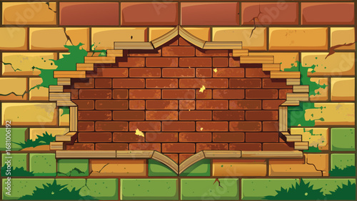 Vector art of a damaged brick wall with a hole in the middle, framed by crumbling bricks and moss, creating a textured and aged background