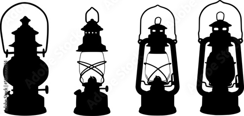 Four vintage kerosene oil lanterns arranged in a row silhouette
