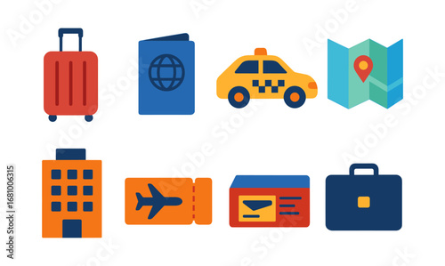Flat icon set of travel essentials: luggage, passport, taxi, map, hotel, flight ticket, id, briefcase
