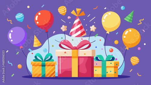 Vector art of a vibrant birthday celebration with gifts, balloons, and party hats, perfect for a fun and festive occasion with colorful decorations