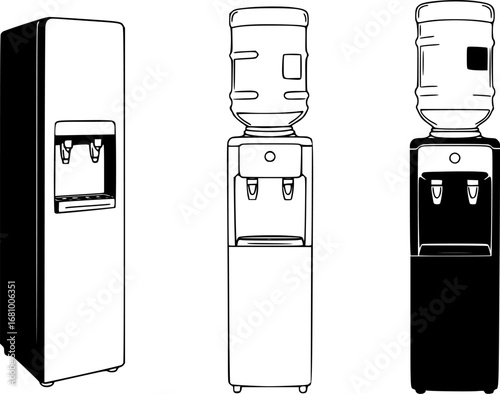 Collection of four distinct water cooler dispenser silhouettes on a white background
