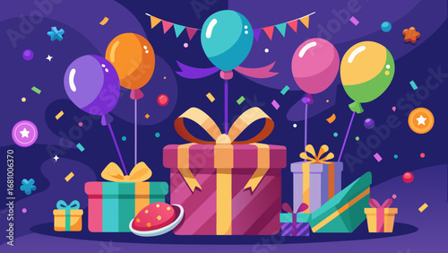 Vector art of festive birthday celebration with colorful balloons and gifts, perfect for party invitations and greeting cards, creating a joyful and celebratory atmosphere