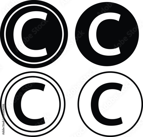 Copyright icon set collection group in black flat and line style, legal protection logo pack, trademark symbol bundle, intellectual property outline glyph assortment, creative rights design elements