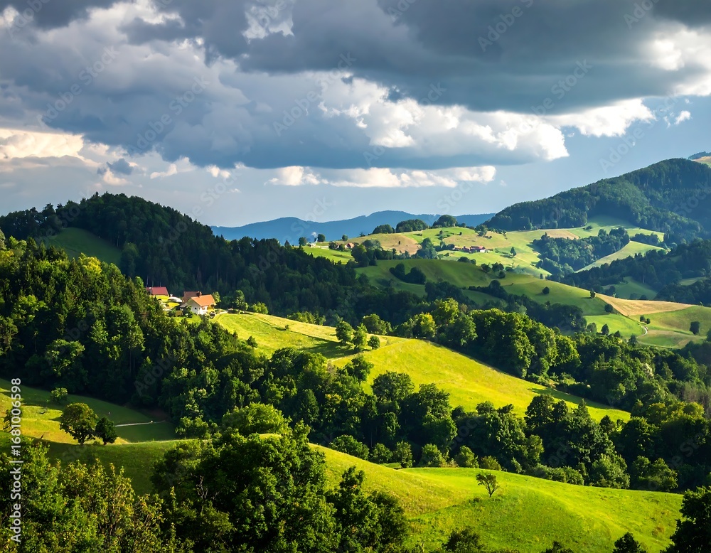 Naklejka premium Rolling hills and forests under dramatic clouds