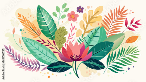 Vector art of watercolor floral bouquet with lotus and leaves
