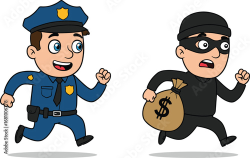 Police officer chasing thief, cartoon crime scene, law enforcement pursuit, burglar running with money bag, justice concept, flat vector illustration