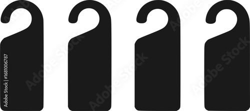 Four black door hanger tags in a row isolated on a white background silhouette
