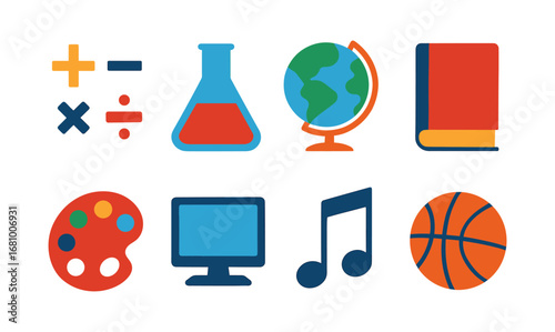 Colorful educational icons featuring school subjects and activities