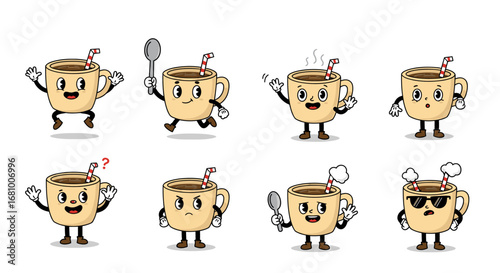 Cute Coffee Cup Characters with Various Expressions and Poses