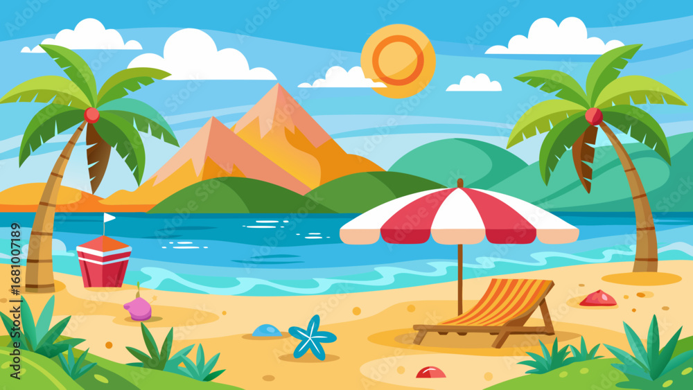 Obraz premium Vector art of a vibrant cartoon illustration of a tropical beach paradise with palm trees, mountains, and a sunny sky, perfect for summer vacation vibes