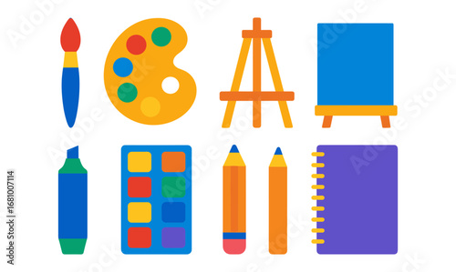 Colorful art and craft tools with palette, brush, and easel in flat design