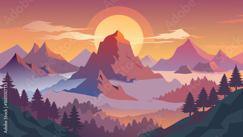 Vector art of a breathtaking sunset over a majestic mountain range, casting a warm glow on the landscape and creating a sense of awe and wonder