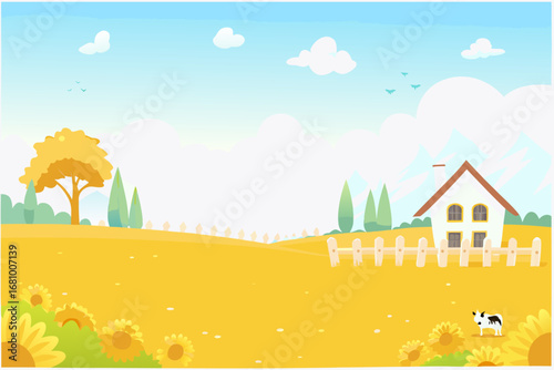 a quaint house nestled among sunflowers under blue sky