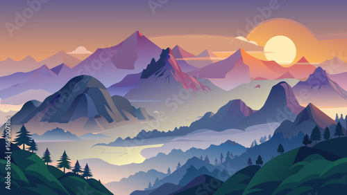 Vector art of a serene mountain landscape at sunset, featuring majestic peaks, lush forests, and a tranquil atmosphere perfect for travel and adventure