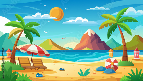 Vector art of a vibrant summer beach scene featuring palm trees, beach chairs, and mountains under a sunny sky, ideal for a tropical vacation
