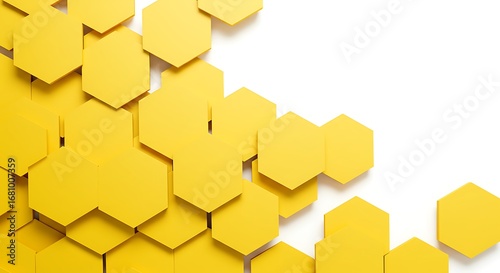 Modern abstract design featuring a cluster of yellow geometric hexagons creating a honeycomb pattern with soft shadows on a clean white background