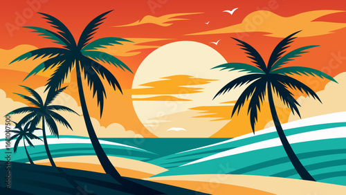 Vector art of vibrant tropical sunset beach scene with palm trees, ocean waves, and colorful sky, ideal for summer vacation and travel designs