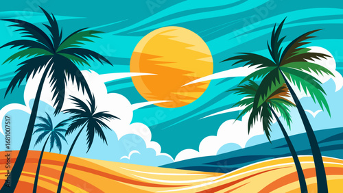 Vector art of a vibrant tropical beach scene with palm trees, a bright sun, and colorful sky, evoking a sense of summer vacation and relaxation