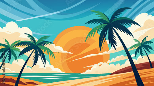 Vector art of a serene tropical beach illustration featuring palm trees, a warm sunset, and calm ocean waves, perfect for a relaxing getaway