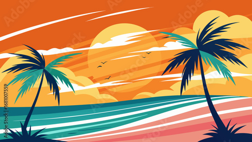 Vector art of a vibrant tropical beach scene with palm trees, a colorful sunset, and gentle waves, ideal for a summer vacation getaway