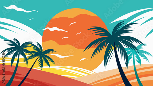 Vector art of tropical sunset landscape with palm trees, perfect for summer vacation and travel destination illustration, colorful and vibrant