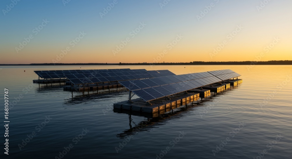 Obraz premium Floating Solar Panels Illuminated by a Serene Golden Sunset on Calm Water.
