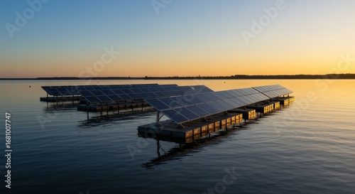 Wallpaper Mural Floating Solar Panels Illuminated by a Serene Golden Sunset on Calm Water. Torontodigital.ca