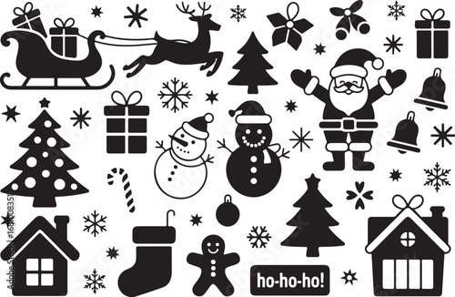 A collection of Christmas decorations featuring classic holiday elements such as ornaments, bells, stars, snowflakes, holly leaves, baubles, ribbons, and festive garlands