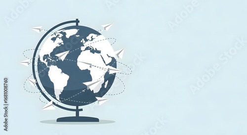 Paper airplanes orbiting Earth globe, symbolizing global travel, communication, and connection