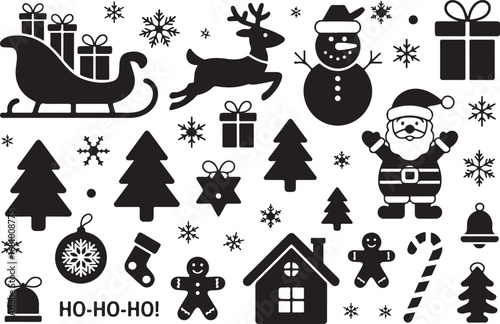A collection of Christmas decorations featuring classic holiday elements such as ornaments, bells, stars, snowflakes, holly leaves, baubles, ribbons, and festive garlands