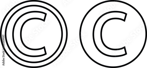 Copyright icon set collection group in black flat and line style, legal protection logo pack, trademark symbol bundle, intellectual property outline glyph assortment, creative rights design elements