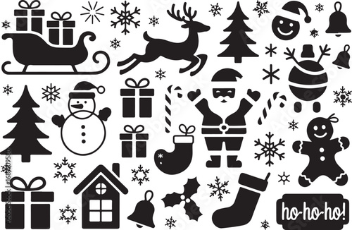 A collection of Christmas decorations featuring classic holiday elements such as ornaments, bells, stars, snowflakes, holly leaves, baubles, ribbons, and festive garlands