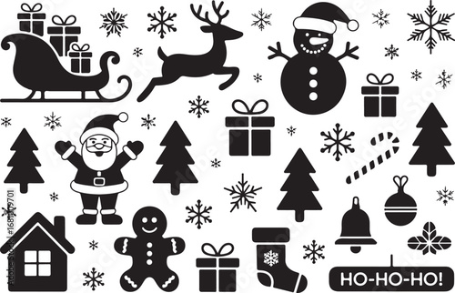 A collection of Christmas decorations featuring classic holiday elements such as ornaments, bells, stars, snowflakes, holly leaves, baubles, ribbons, and festive garlands