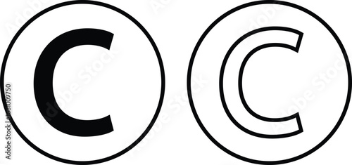 Copyright icon set collection group in black flat and line style, legal protection logo pack, trademark symbol bundle, intellectual property outline glyph assortment, creative rights design elements