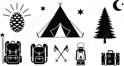 Camping, outdoor, adventure, icons, tent, pine cone, backpack, trekking poles, lantern, suitcase, travel, hiking, night, tree, gear, vector, black, white, nature, exploration, set