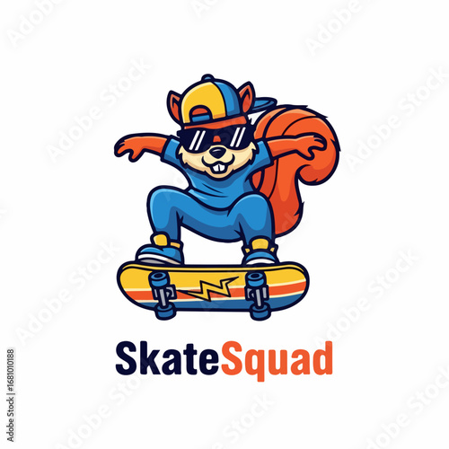 Cartoon Squirrel Skating on a Colorful Skateboard, Cool Sunglasses, Skate Squad Brand Logo