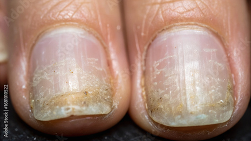 Childhood bacteria influence immune development. Two poorly maintained nails with a chipped, uneven surface and some glitter remnants.