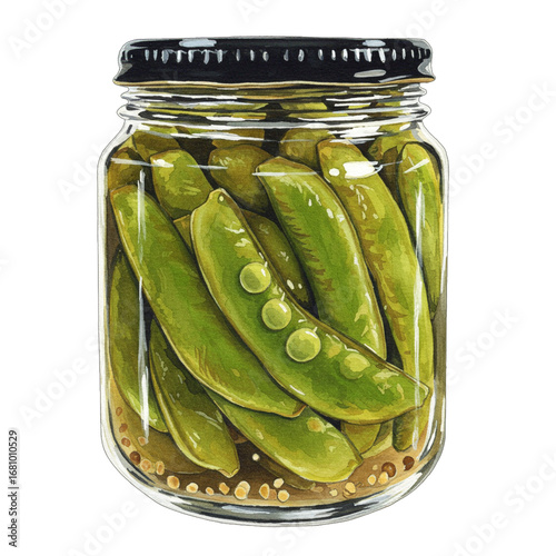 Pickled green snap peas in brine inside a sealed jar, crunchy vegetable snack, fresh harvest preservation, watercolor illustration for healthy eating and farm-to-table themes