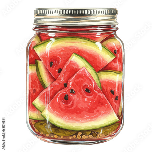 Pickled watermelon wedges in brine inside a sealed jar, fruity summer preservation, vibrant food art, creative culinary concept, kitchen decor, unusual pickling recipe inspiration