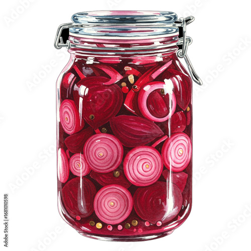 Pickled red onions and beetroot slices in brine, vibrant preserved vegetables in jar, colorful kitchen art, healthy eating concept, watercolor food illustration, rustic pantry decor
