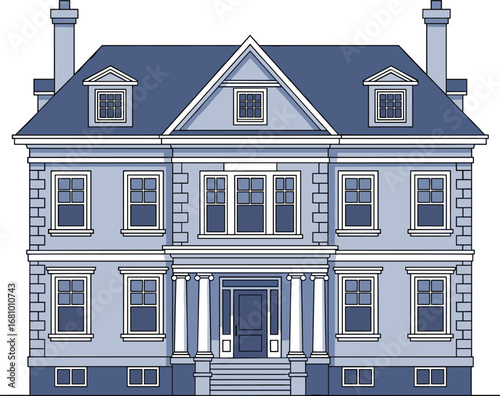 Symmetrical facade of a grand blue colonial revival mansion. Classic historical architecture vector illustration