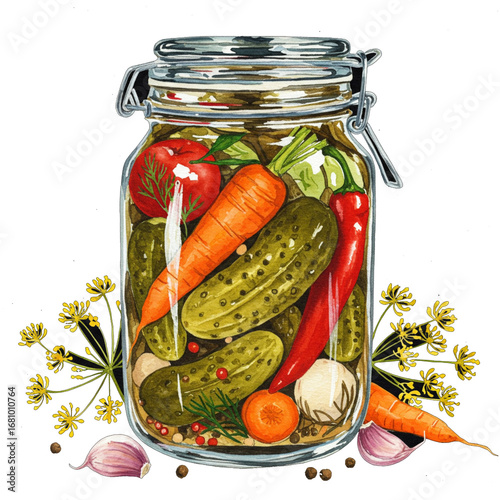 Mixed pickled vegetables in brine with dill, garlic, and herbs, rustic homemade preservation in a jar, watercolor kitchen art for culinary use, farm-to-table and pantry storage themes