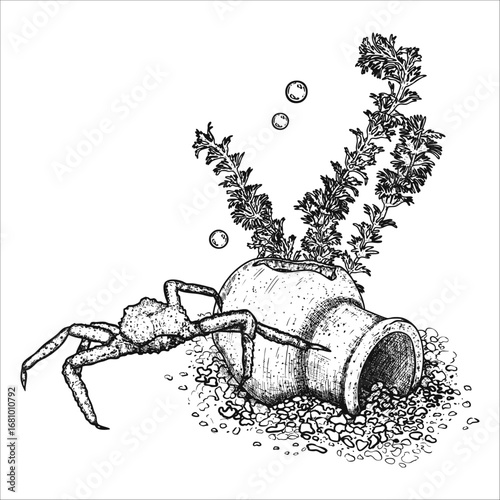 Sea composition with crab, clay vase and seaweed. Sea bottom.. Hand drawn vector illustration